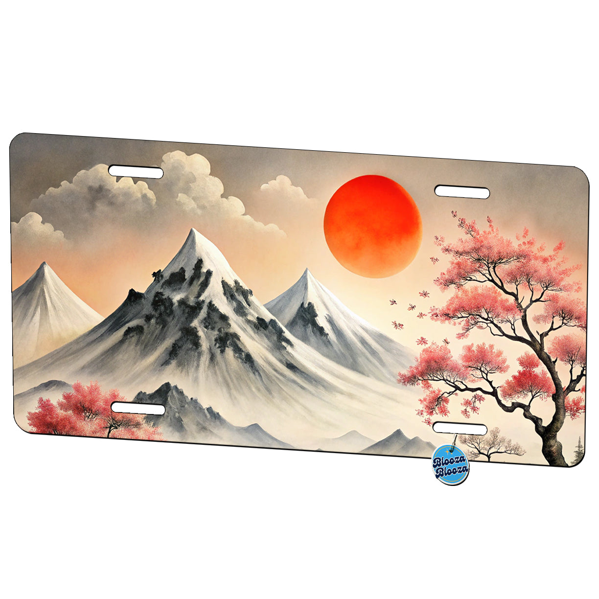 Japanese Style Ink Painting Landscape Mountains Under Red Sun Metal Vanity Novelty Tag License Plate for Trucks Cars SUVs