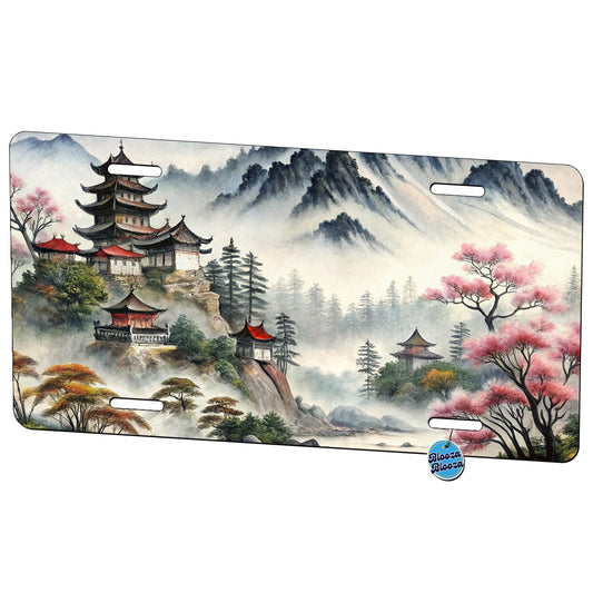 Japanese Style Ink Painting Mountain Landscape Metal Vanity Novelty Tag License Plate for Trucks Cars SUVs