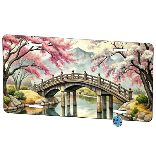 Japanese Style Ink Painting Sakura Trees Bridge Water Landscape Metal Vanity Novelty Tag License Plate for Trucks Cars SUVs