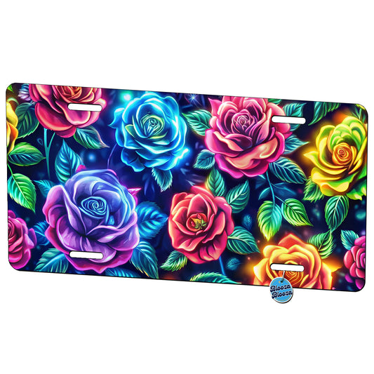 Neon Colorful Rose Floral Pattern Metal Vanity Novelty Tag License Plate for Trucks Cars SUVs