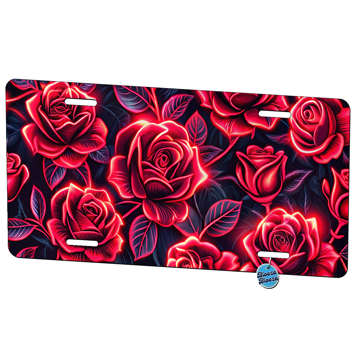 Neon Red Rose Floral Pattern Metal Vanity Novelty Tag License Plate for Trucks Cars SUVs