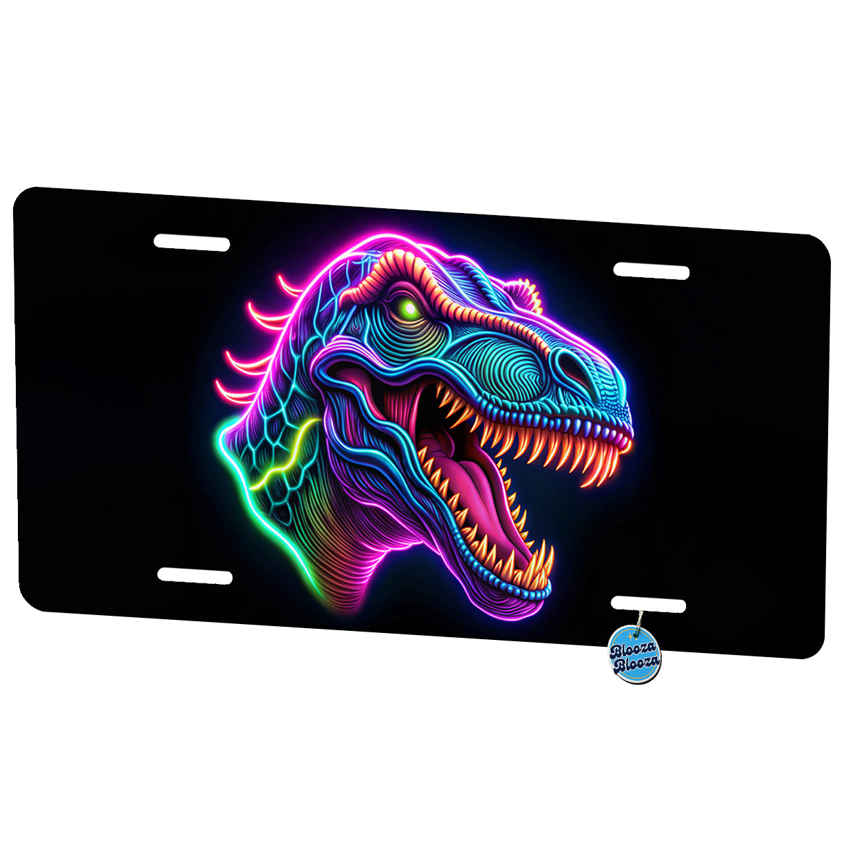 Neon T-Rex Dinosaur Head Metal Vanity Novelty Tag License Plate for Trucks Cars SUVs