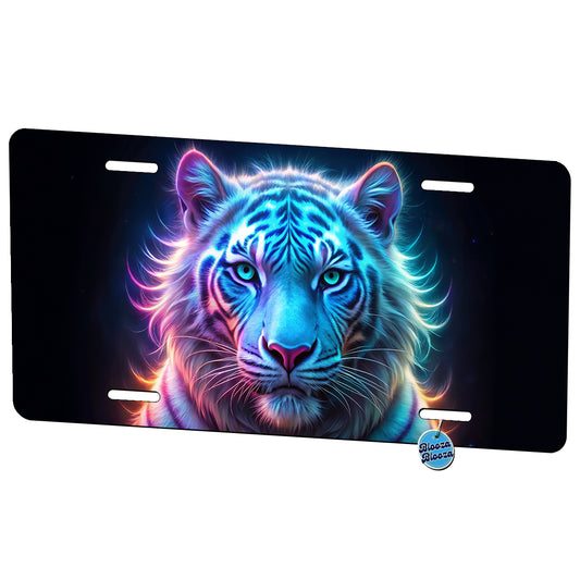 Neon White Tiger Face Metal Vanity Novelty Tag License Plate for Trucks Cars SUVs