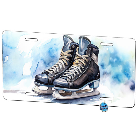 Pair Of Hockey Ice Skates Watercolor Metal Vanity Novelty Tag License Plate for Trucks Cars SUVs