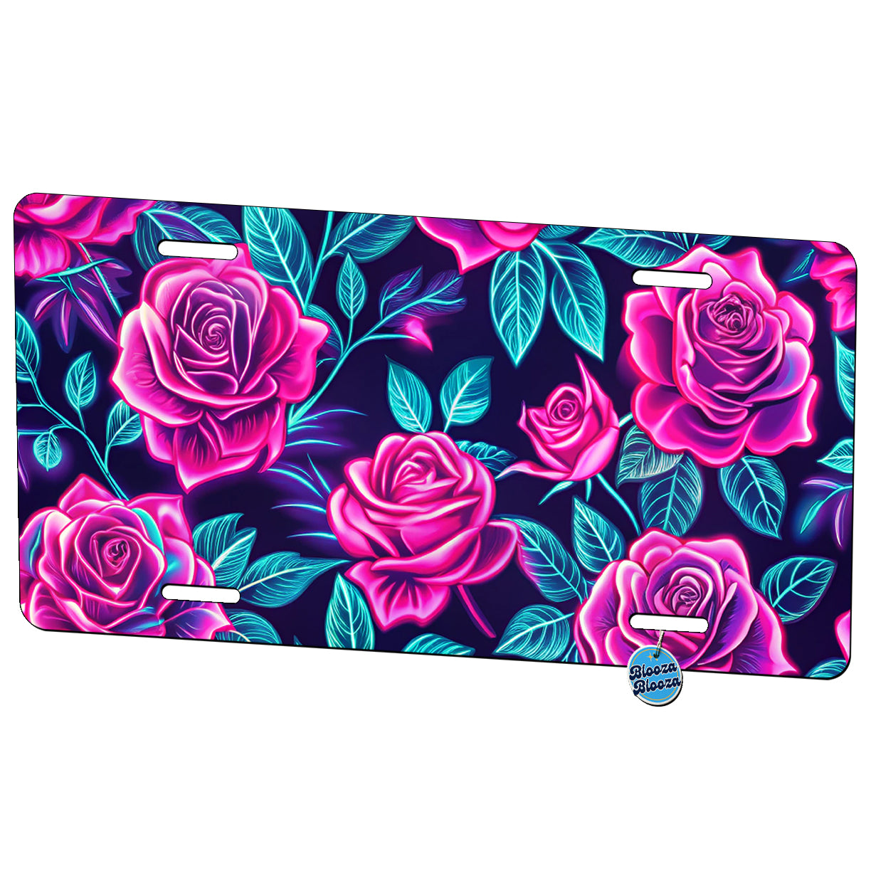 Pink Neon Rose Floral Pattern Metal Vanity Novelty Tag License Plate for Trucks Cars SUVs