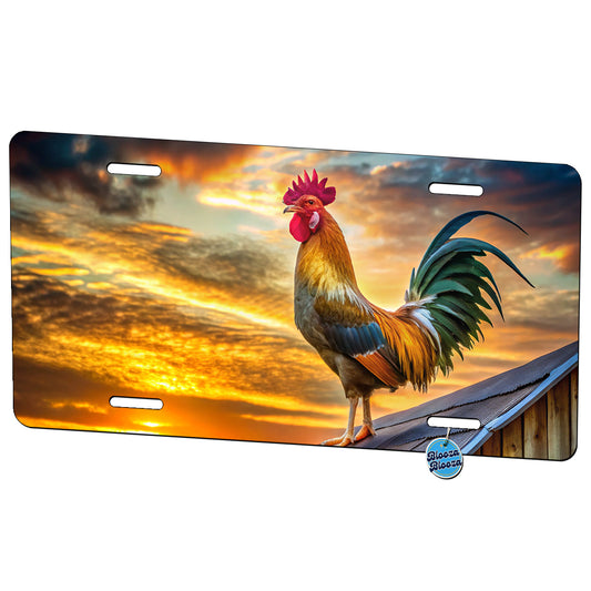 Rooster on Barn Roof At Sunrise Metal Vanity Novelty Tag License Plate for Trucks Cars SUVs