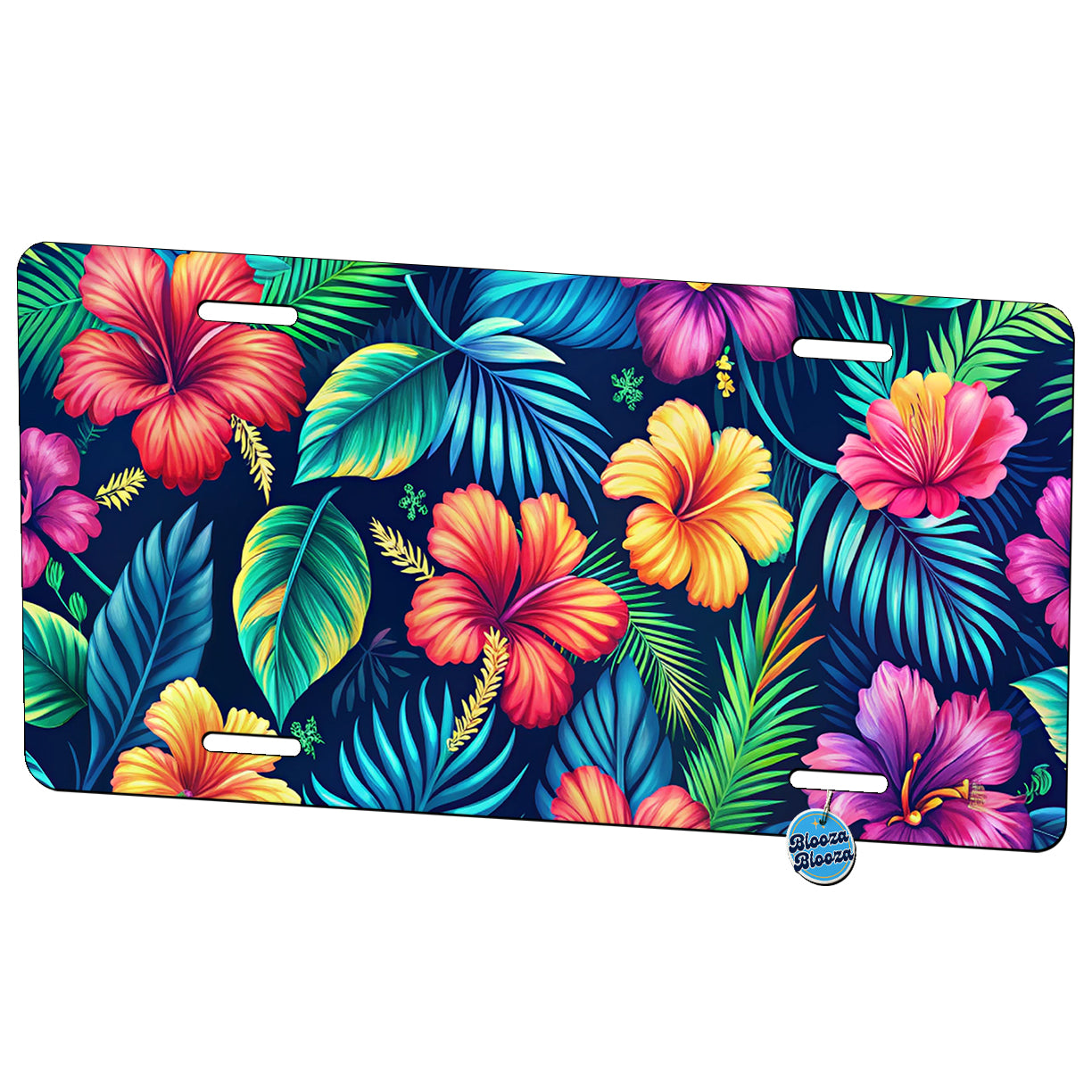 Tropical Neon Hibiscus Floral Pattern Metal Vanity Novelty Tag License Plate for Trucks Cars SUVs