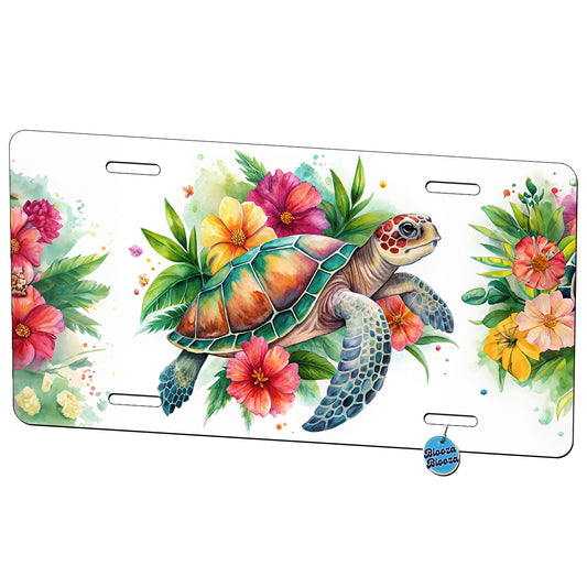 Tropical Sea Turtle Hibiscus Floral Watercolor Metal Vanity Novelty Tag License Plate for Trucks Cars SUVs