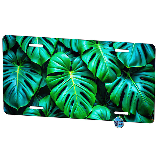 Vibrant Neon Green Monstera Leaves Metal Vanity Novelty Tag License Plate for Trucks Cars SUVs