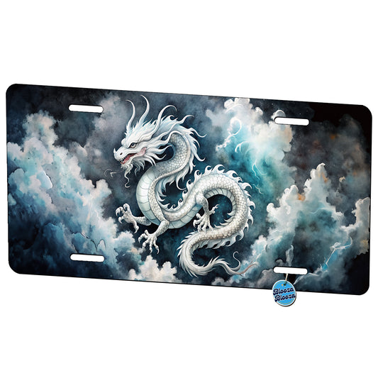 White Asian Dragon On Black Watercolor Metal Vanity Novelty Tag License Plate for Trucks Cars SUVs