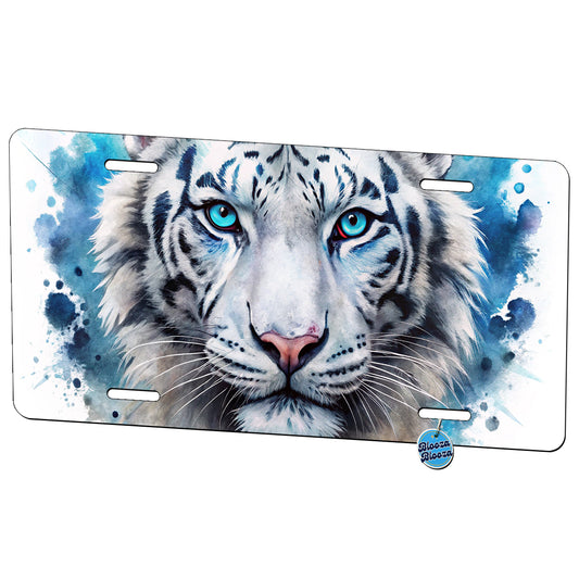 White Tiger Face Watercolor Metal Vanity Novelty Tag License Plate for Trucks Cars SUVs