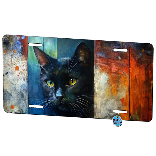 Black Cat Peaking Behind Door Abstract Art Metal Vanity Novelty Tag License Plate for Trucks Cars SUVs