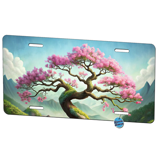 Japanese Bonsai Tree With Pink Flowers On Hillside Metal Vanity Novelty Tag License Plate for Trucks Cars SUVs