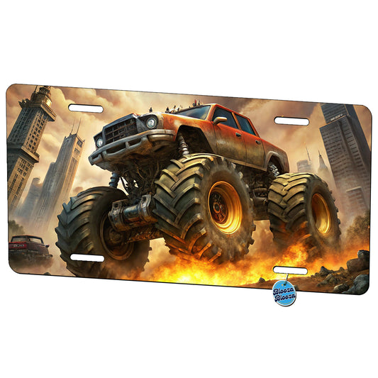 Monster Off-Road Truck Demolishing Cars Metal Vanity Novelty Tag License Plate for Trucks Cars SUVs