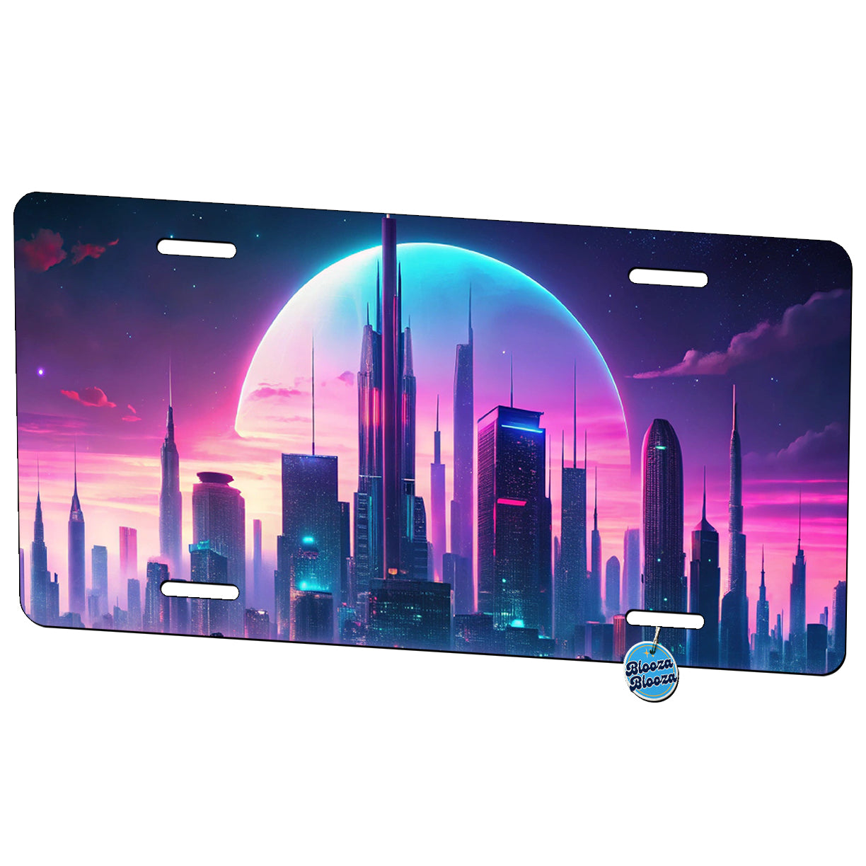 Purple Neon Sci-fi City Horizon Metal Vanity Novelty Tag License Plate for Trucks Cars SUVs