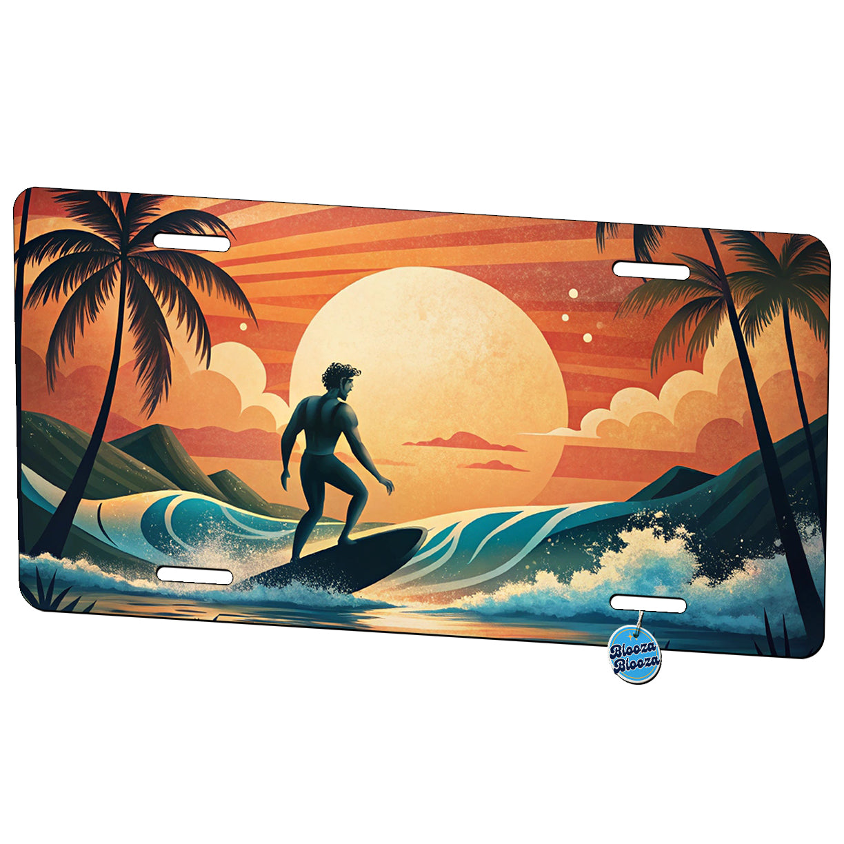 Retro Surfer Beach Tropical Sunset Illustration Metal Vanity Novelty Tag License Plate for Trucks Cars SUVs