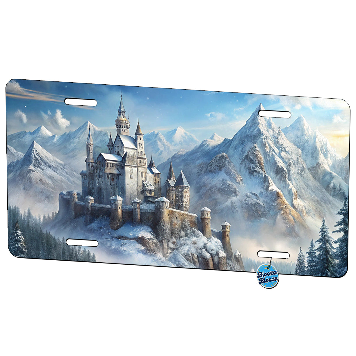 Snow Covered Castle In Mountains Landscape Metal Vanity Novelty Tag License Plate for Trucks Cars SUVs