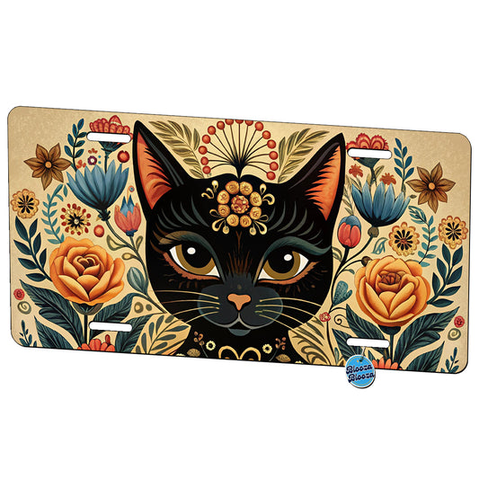 Stylized Black Cat Floral Design Metal Vanity Novelty Tag License Plate for Trucks Cars SUVs