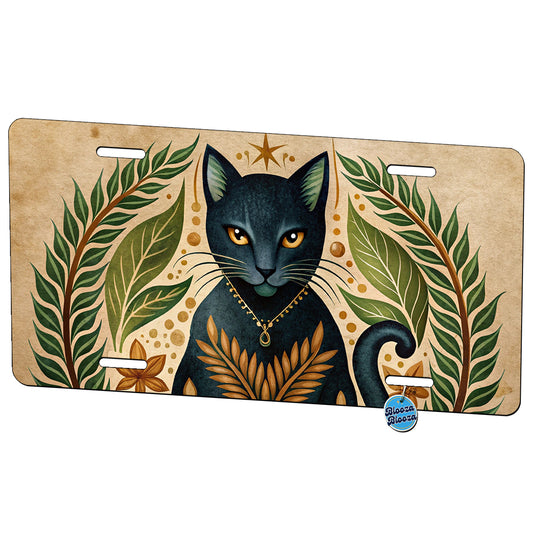 Stylized Black Cat Illustration Leaf Design Metal Vanity Novelty Tag License Plate for Trucks Cars SUVs