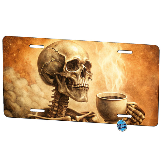 Vintage Skeleton Holding Cup Of Coffee Retro Metal Vanity Novelty Tag License Plate for Trucks Cars SUVs