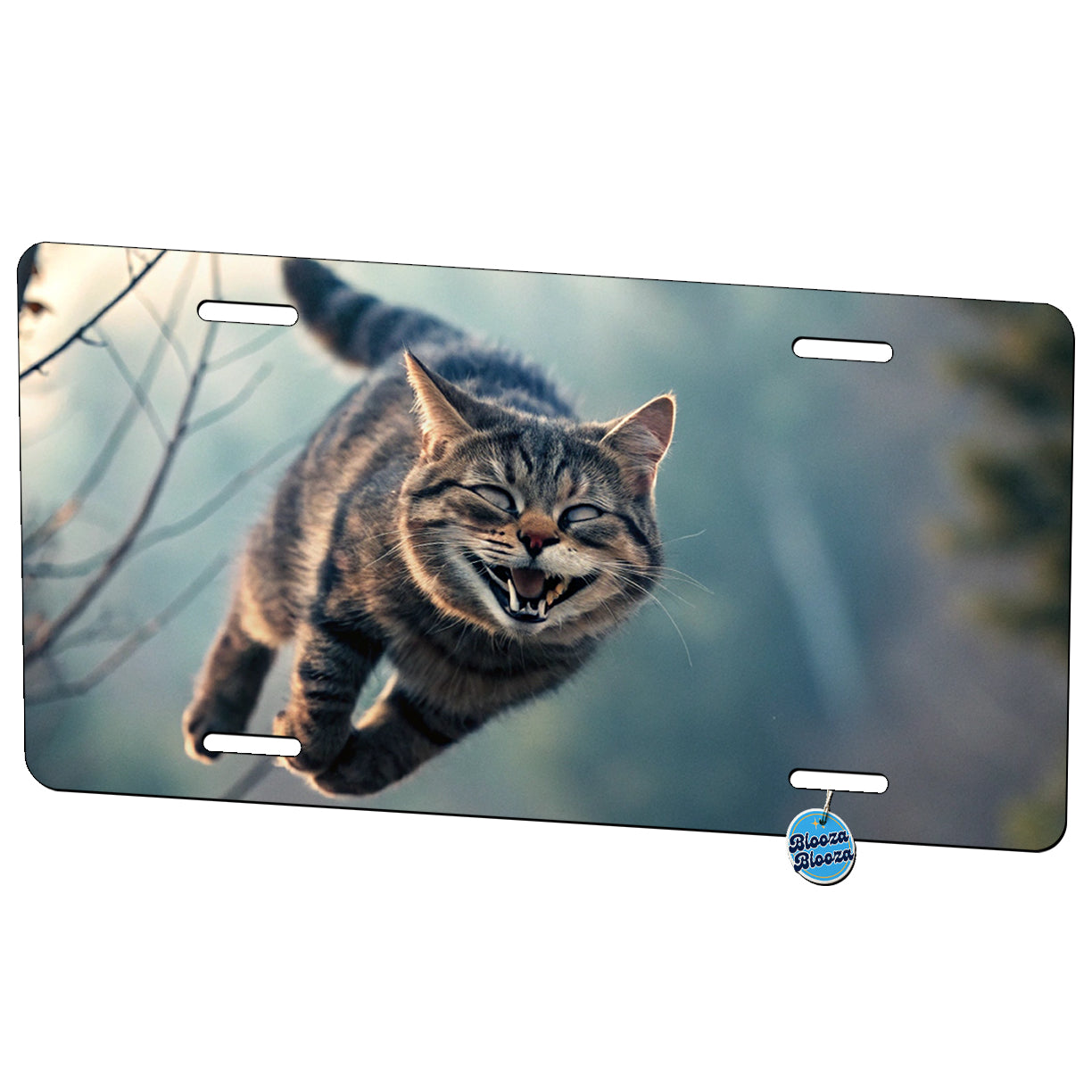 Leaping Funny Cat Grinning Metal Vanity Novelty Tag License Plate for Trucks Cars SUVs