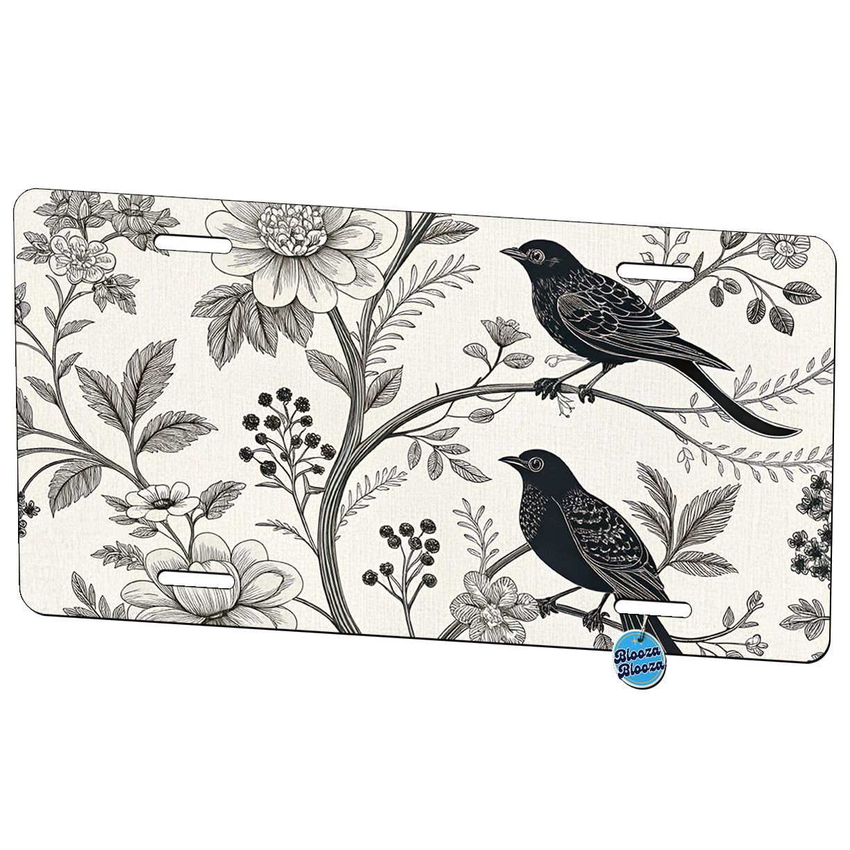 Black On White Toile With Birds Metal Vanity Novelty Tag License Plate for Trucks Cars SUVs