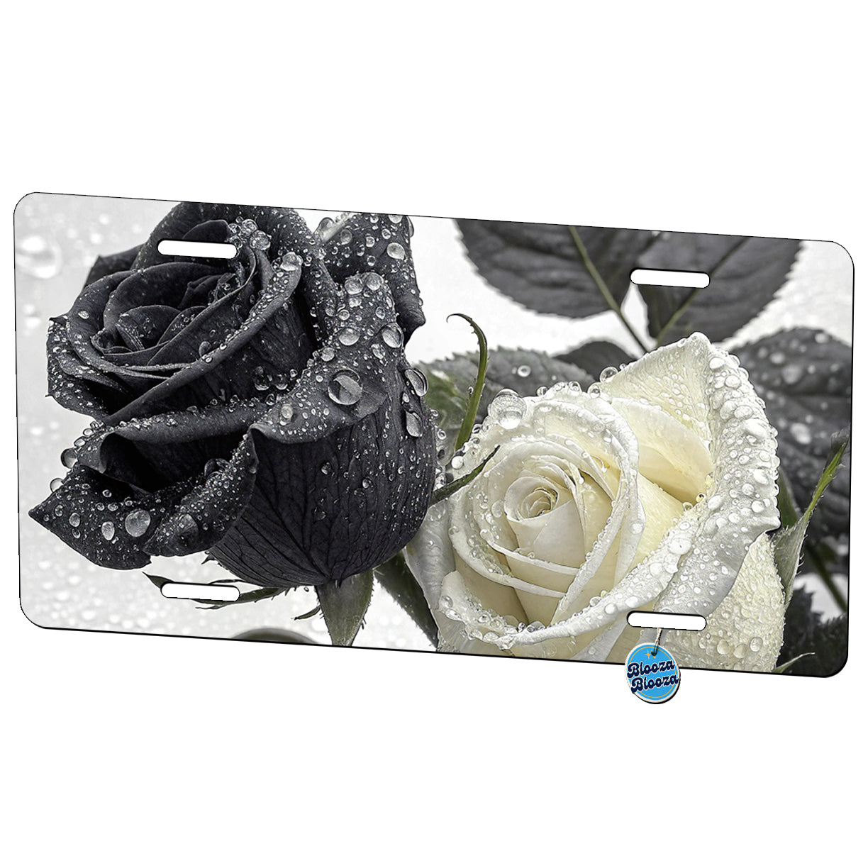 Black White Roses Dewy Metal Vanity Novelty Tag License Plate for Trucks Cars SUVs