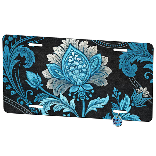Blue Damask On Black Metal Vanity Novelty Tag License Plate for Trucks Cars SUVs