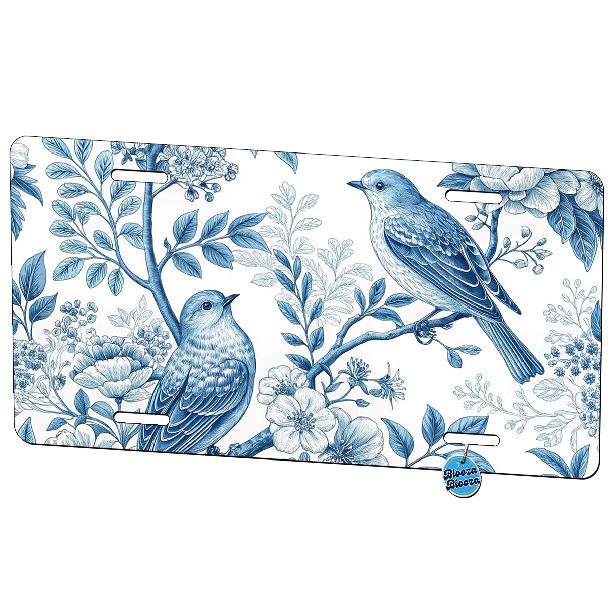Blue On White Toile With Birds Metal Vanity Novelty Tag License Plate for Trucks Cars SUVs