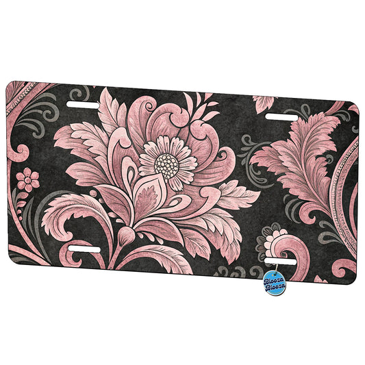 Pink Damask On Black Metal Vanity Novelty Tag License Plate for Trucks Cars SUVs