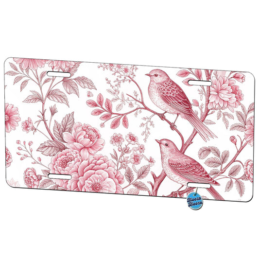 Pink On White Toile With Birds Metal Vanity Novelty Tag License Plate for Trucks Cars SUVs