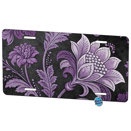 Purple Damask On Black Metal Vanity Novelty Tag License Plate for Trucks Cars SUVs