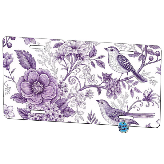 Purple On White Toile With Birds Metal Vanity Novelty Tag License Plate for Trucks Cars SUVs