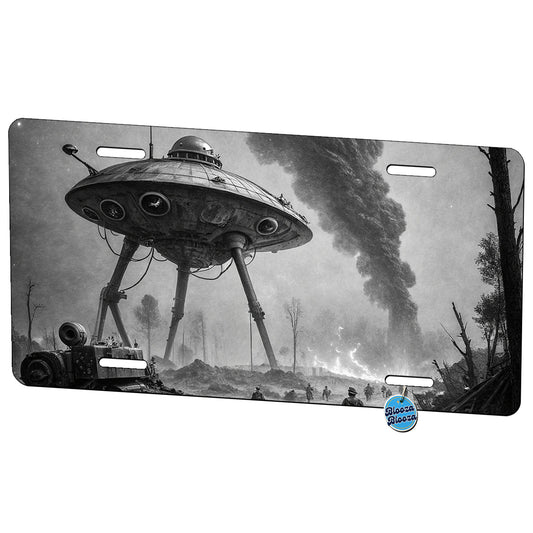 Martian Alien Invasion Tripod War Machine Retro Black and White Metal Vanity Novelty Tag License Plate for Trucks Cars SUVs