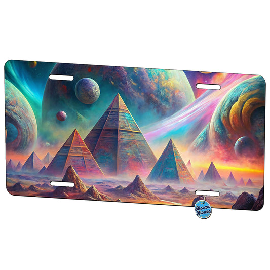 Psychedelic Alien Planet With Pyramids Vibrant Colors Metal Vanity Novelty Tag License Plate for Trucks Cars SUVs