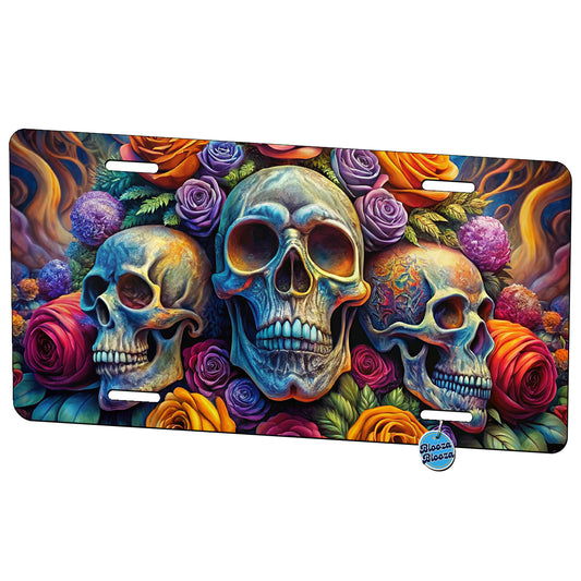 Psychedelic Colorful Skulls And Roses Metal Vanity Novelty Tag License Plate for Trucks Cars SUVs