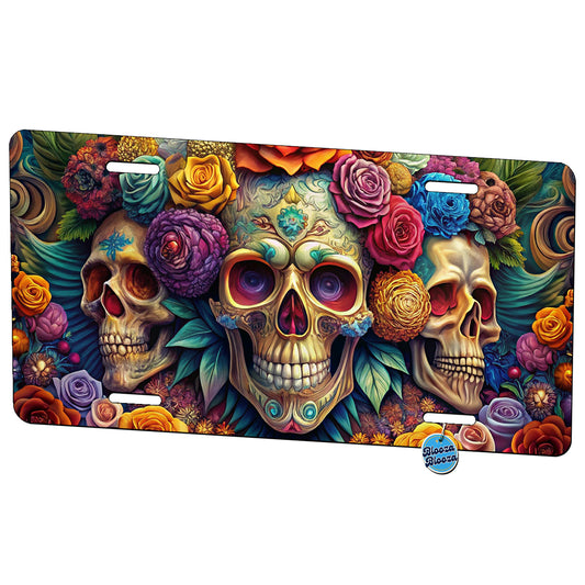 Psychedelic Colorful Skulls Flowers And Roses Metal Vanity Novelty Tag License Plate for Trucks Cars SUVs