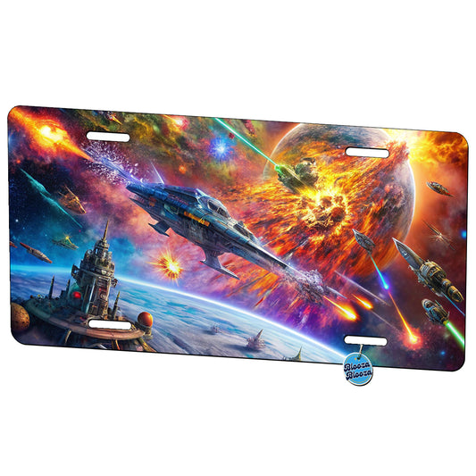 Psychedelic Colorful Space Sci-fi Starship Battle Metal Vanity Novelty Tag License Plate for Trucks Cars SUVs