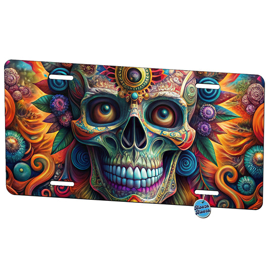 Psychedelic Day of the Dead Skull Vibrant Colors Metal Vanity Novelty Tag License Plate for Trucks Cars SUVs