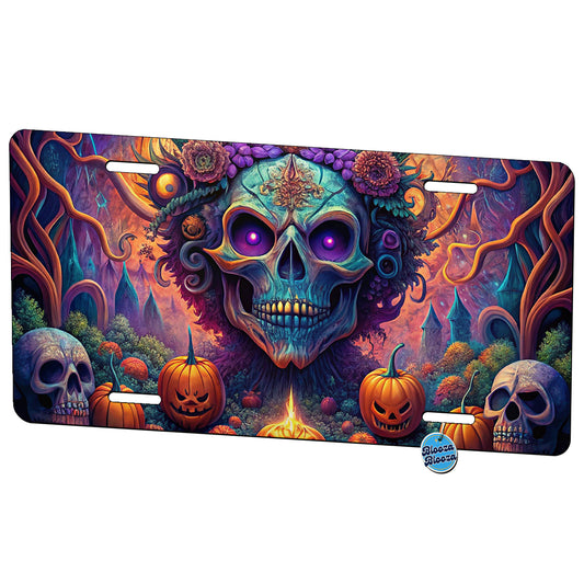 Psychedelic Halloween Skulls Pumpkins Vibrant Colors Metal Vanity Novelty Tag License Plate for Trucks Cars SUVs