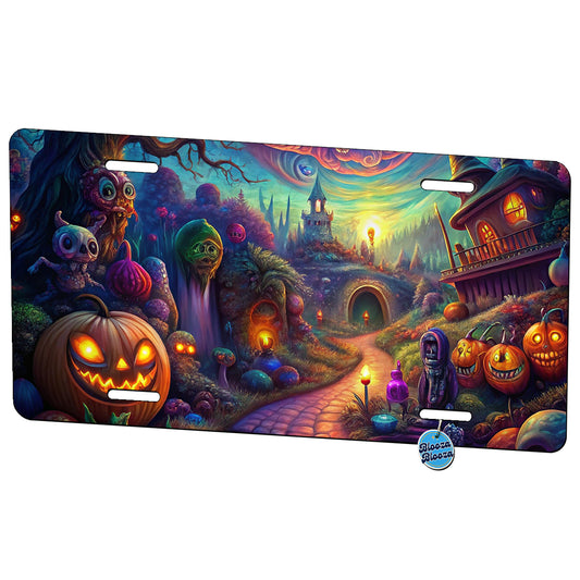 Psychedelic Halloween Town Scene Vibrant Colors Metal Vanity Novelty Tag License Plate for Trucks Cars SUVs