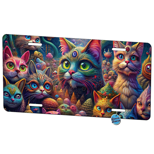 Psychedelic Lots of Cats Vibrant Colors Metal Vanity Novelty Tag License Plate for Trucks Cars SUVs