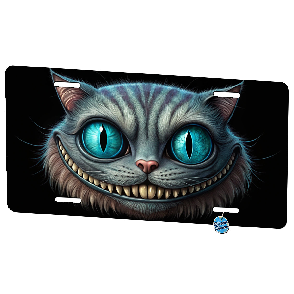 Creepy Cheshire Cat Grin on Black Metal Vanity Novelty Tag License Plate for Trucks Cars SUVs