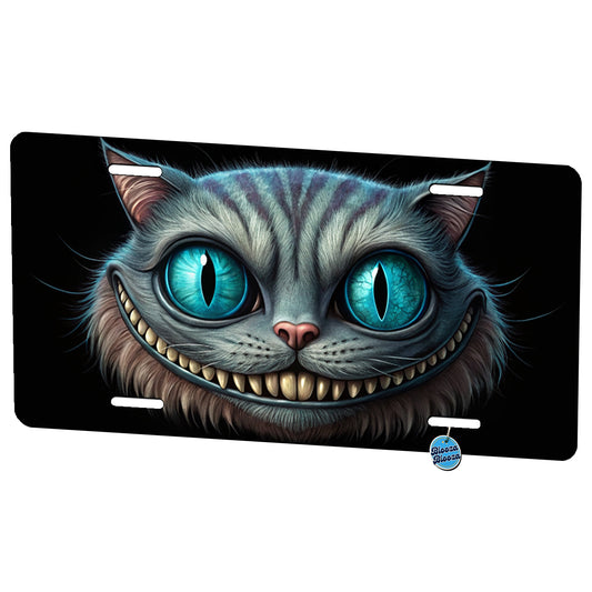 Creepy Cheshire Cat Grin on Black Metal Vanity Novelty Tag License Plate for Trucks Cars SUVs
