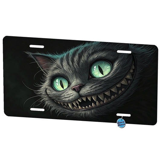 Evil Cheshire Cat Grinning On Black Metal Vanity Novelty Tag License Plate for Trucks Cars SUVs