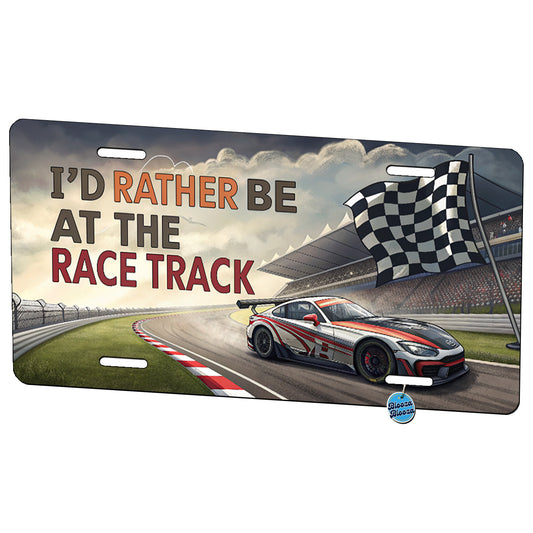 I'd Rather Be At The Race Track Checkered Flag Metal Vanity Novelty Tag License Plate for Trucks Cars SUVs