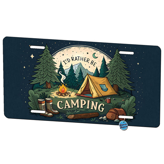 I'd Rather Be Camping Wilderness Tent Metal Vanity Novelty Tag License Plate for Trucks Cars SUVs