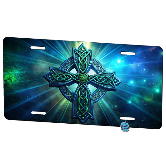 Irish Celtic Christian Cross Blue Green Metal Vanity Novelty Tag License Plate for Trucks Cars SUVs