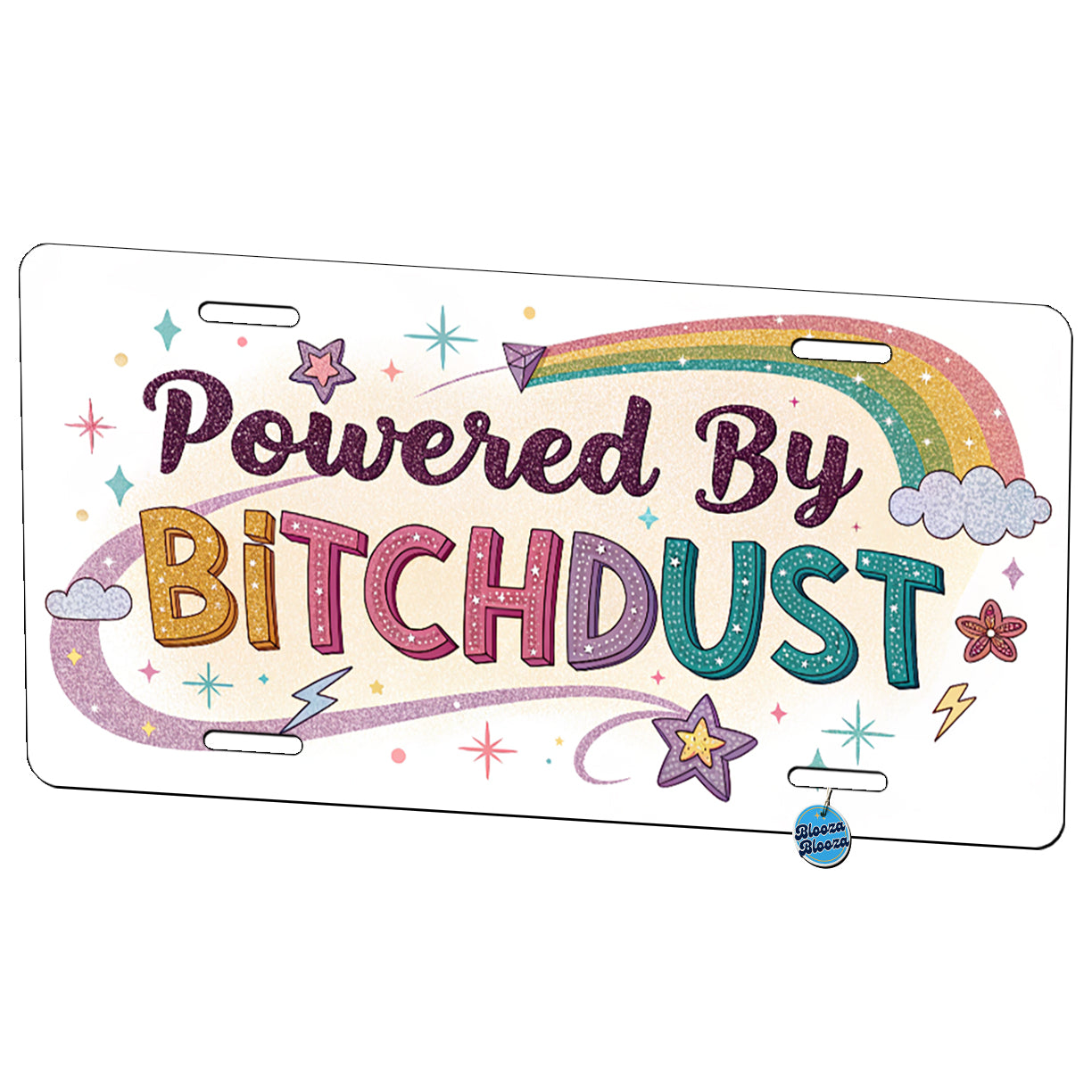 Powered By Bitchdust Sparkly Stars Rainbow Metal Vanity Novelty Tag License Plate for Trucks Cars SUVs