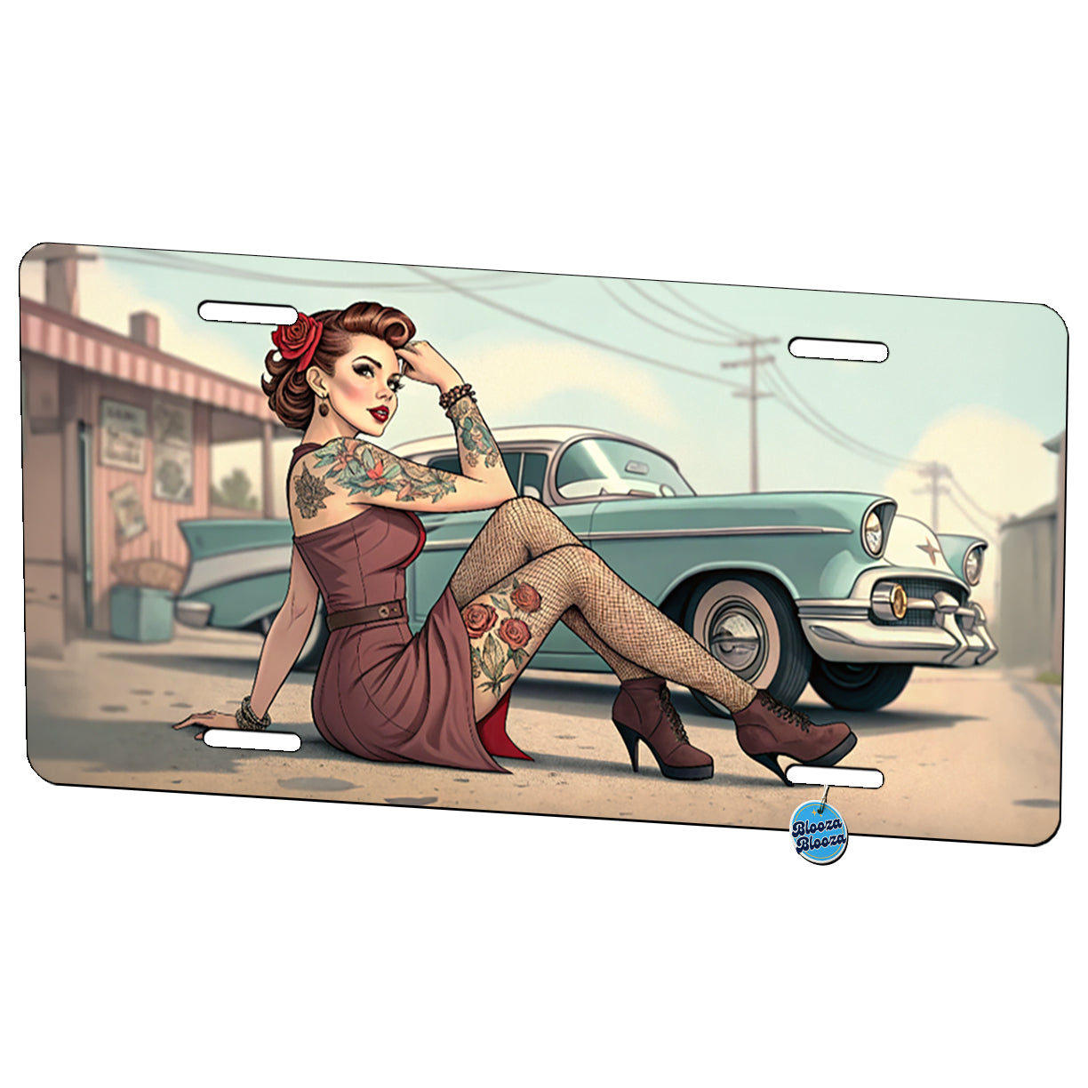 Rockabilly Retro 50's Pin-Up Girl With Tattoos Metal Vanity Novelty Tag License Plate for Trucks Cars SUVs
